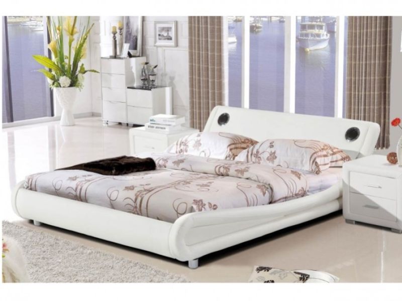 Sleep Design Madrid 5ft Kingsize White Faux Leather Bed Frame With Bluetooth Speakers