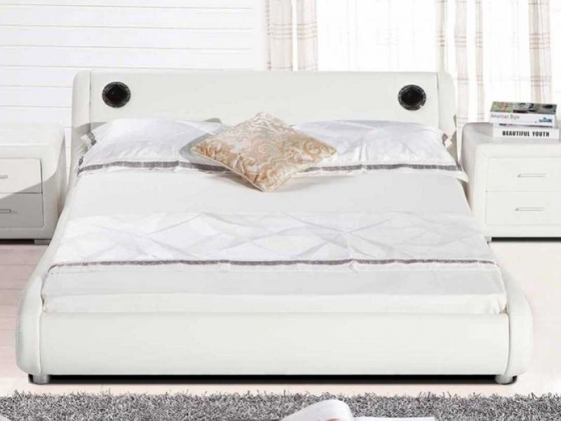 Sleep Design Madrid 5ft Kingsize White Faux Leather Bed Frame With Bluetooth Speakers