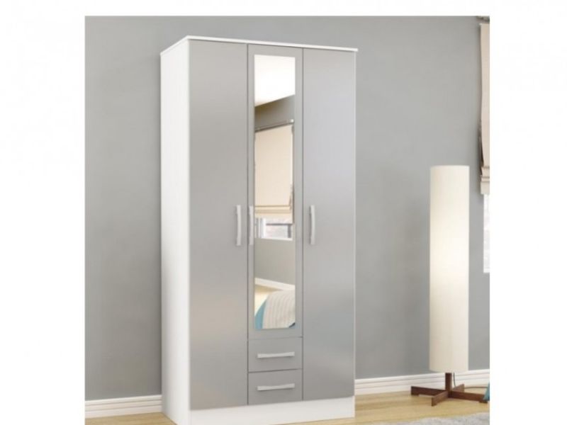 Birlea Lynx White With Grey Gloss 3 Door 2 Drawer Wardrobe with Centre Mirror