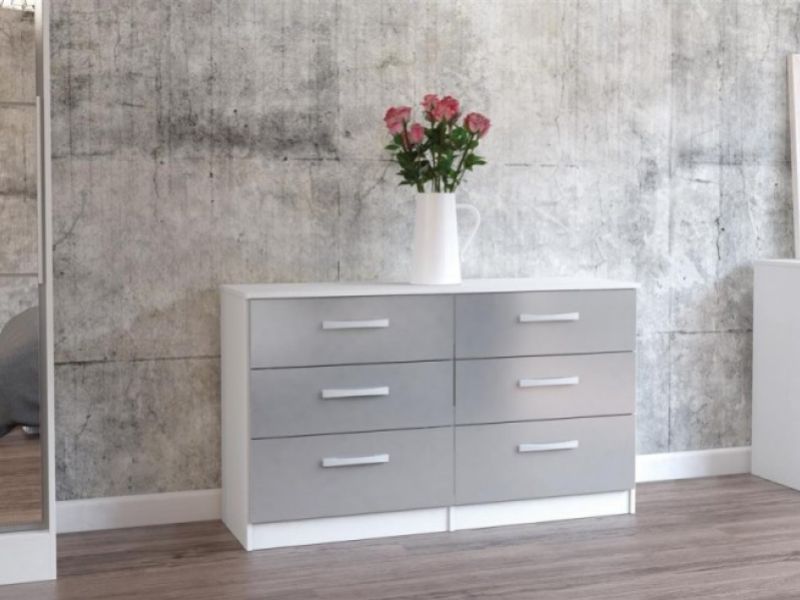 Birlea Lynx White With Grey Gloss 6 Drawer Wide Chest of Drawers
