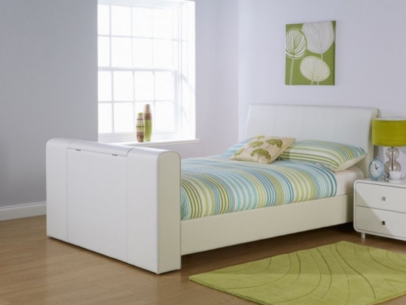 GFW Brooklyn 4ft6 Double White Faux Leather TV Bed Frame