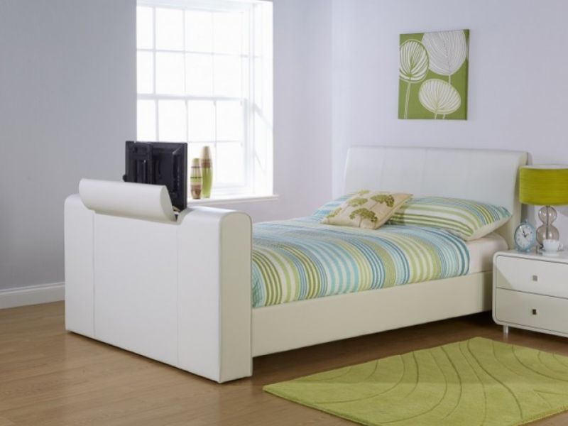 GFW Brooklyn 4ft6 Double White Faux Leather TV Bed Frame