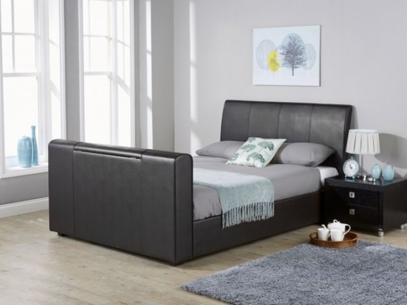 GFW Brooklyn 4ft6 Double Black Faux Leather TV Bed Frame