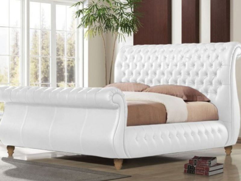 Super Kingsize Real Leather Bed Frame, White Leather Bed Frame King
