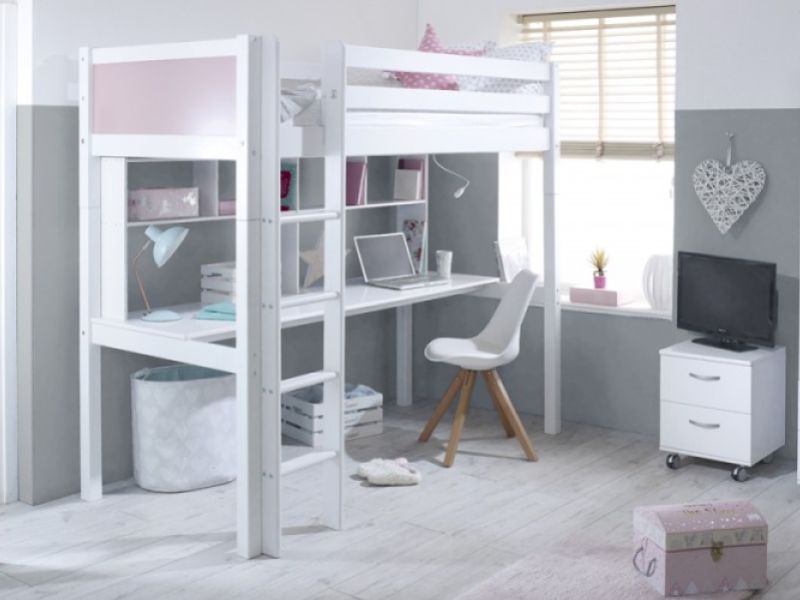 Thuka Nordic Highsleeper Bed 2 With Rose Coloured End Panels And Long Desk