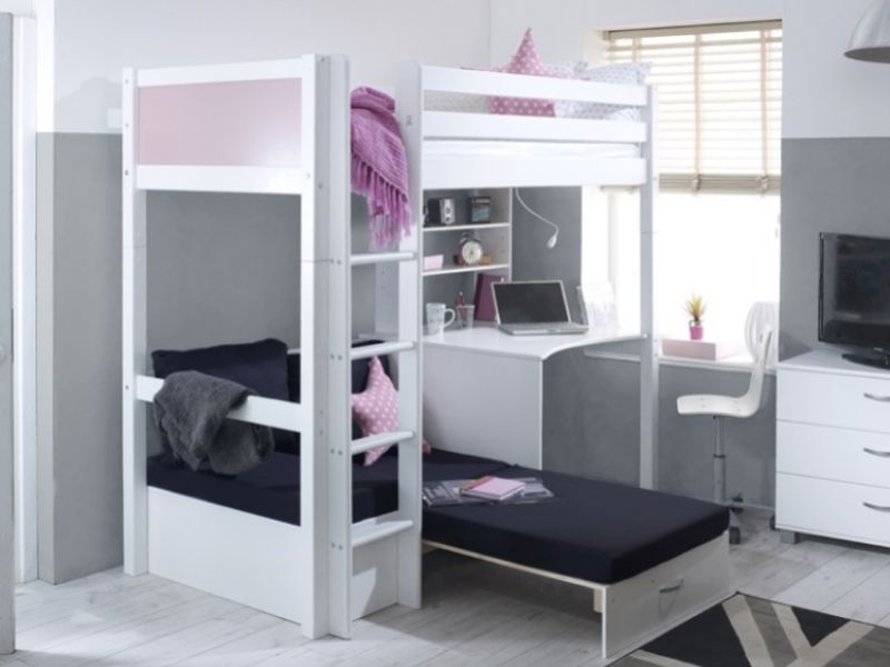 Thuka Nordic Highsleeper Bed 3 With Rose Colour End Panels, Desk And Black Sofabed