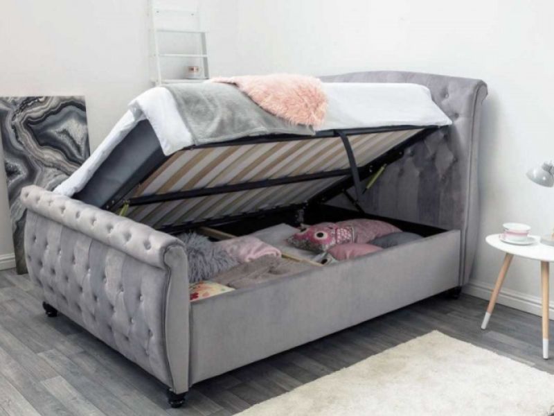 Sleep Design Hampton 5ft Kingsize Grey Velvet Ottoman Sleigh Bed Frame