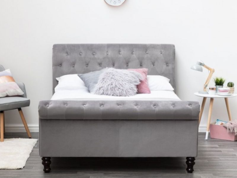 Sleep Design Lambeth 4ft6 Double Grey Velvet Sleigh Bed Frame