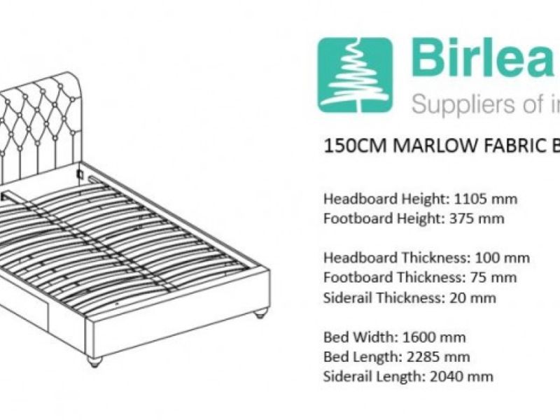 Birlea Marlow 5ft Kingsize Grey Fabric Bed Frame with 2 Drawers