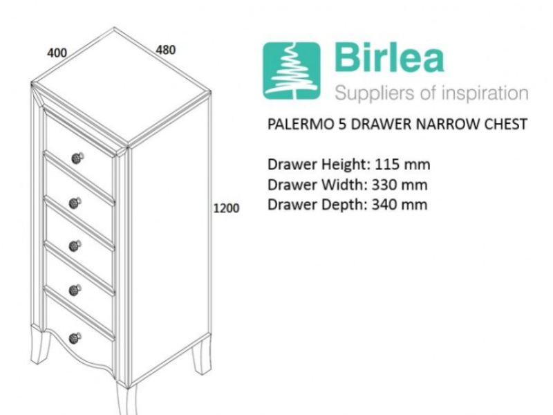 Birlea Palermo 5 Drawer Narrow Mirrored Chest