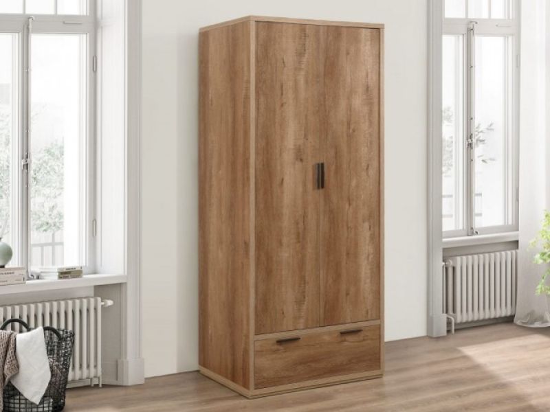 Birlea Stockwell Oak Finish 2 Door 1 Drawer Wardrobe