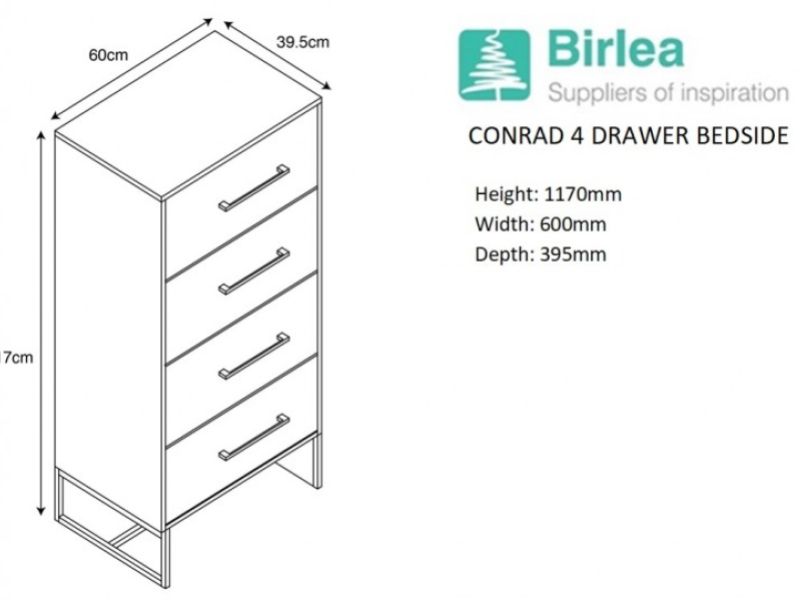 Birlea Conrad Silver Oak Finish 4 Drawer Narrow Chest