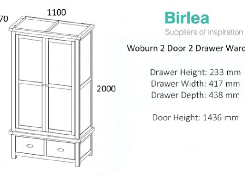 Birlea Woburn Oak 2 Door 2 Drawer Wardrobe