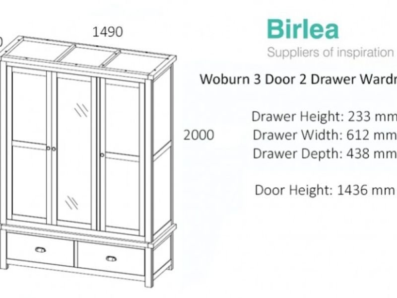 Birlea Woburn Oak 3 Door 2 Drawer Wardrobe