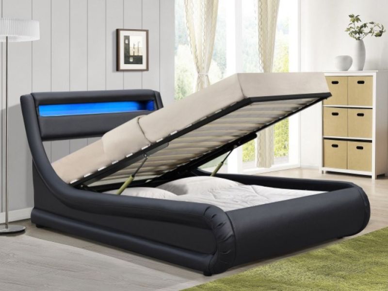 Sleep Design Barcelona 3ft Single Black Faux Leather Ottoman Bed Frame With LED Lights