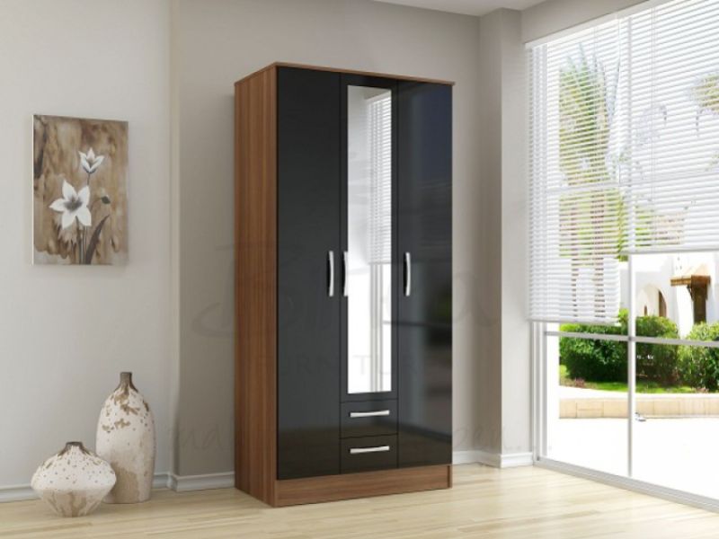 Birlea Lynx Walnut With Black Gloss 3 Door 2 Drawer Wardrobe with Centre Mirror