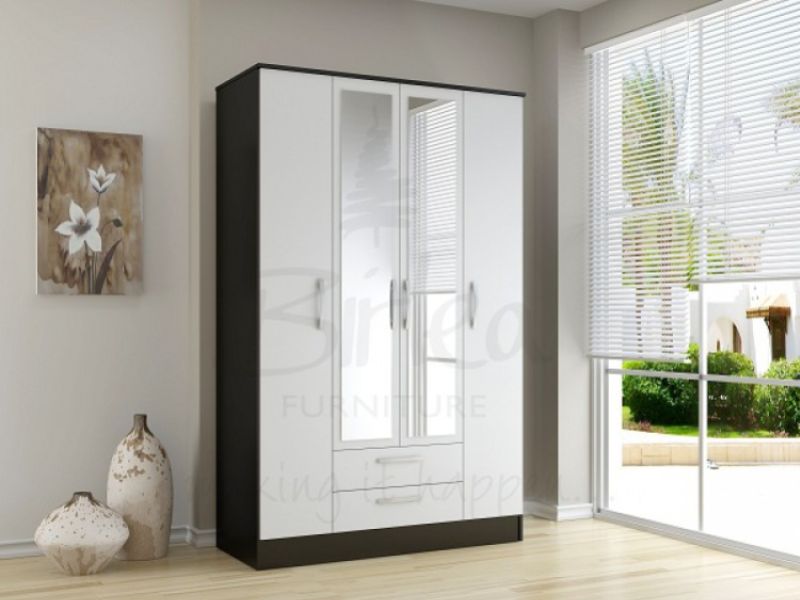 Birlea Lynx Black with White Gloss 4 Door 2 Drawer Wardrobe with Centre Mirrors