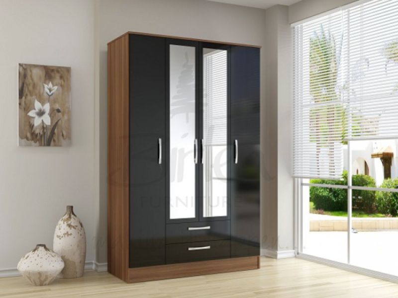 Birlea Lynx Walnut With Black Gloss 4 Door 2 Drawer Wardrobe With Centre Mirrors