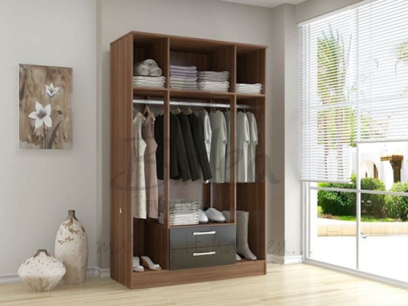 Birlea Lynx Walnut With Black Gloss 4 Door 2 Drawer Wardrobe With Centre Mirrors