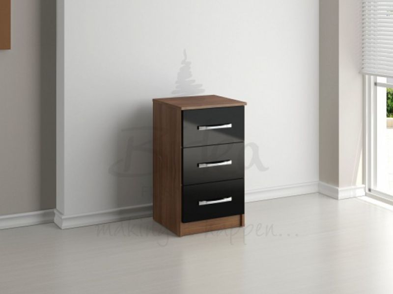 Birlea Lynx Walnut With Black Gloss 3 Drawer Bedside