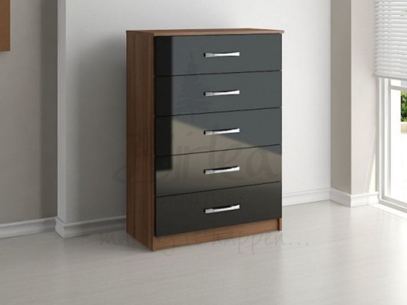 Birlea Lynx Walnut With Black Gloss 5 Drawer Chest of Drawers