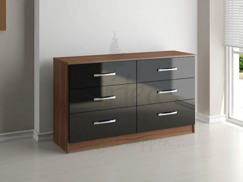 Birlea Lynx Walnut With Black Gloss 6 Drawer Wide Chest of Drawers