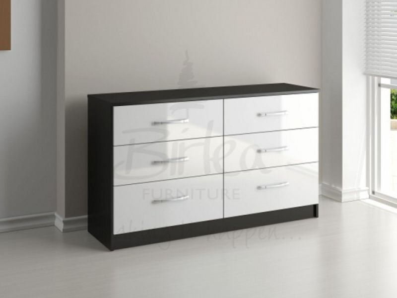 Birlea Lynx Black with White Gloss 6 Drawer Wide Chest of Drawers