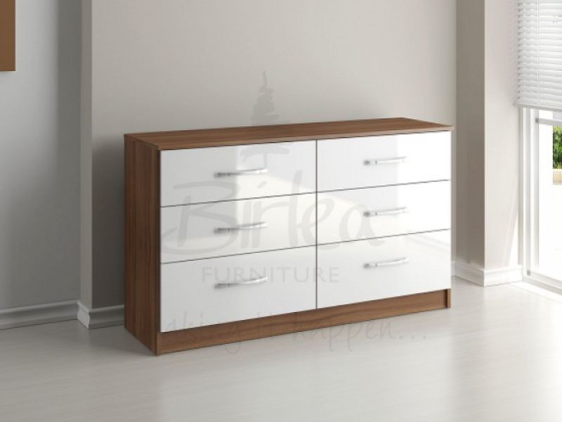 Birlea Lynx Walnut with White Gloss 6 Drawer Wide Chest of Drawers