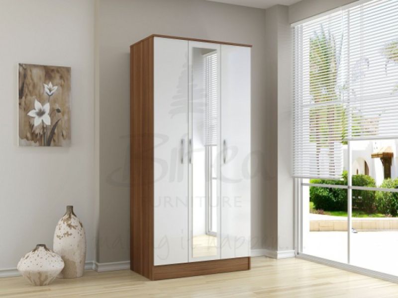 Birlea Lynx Walnut with White Gloss 3 Door Wardrobe with Center Mirror