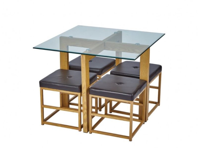 LPD Cube Glass And Metal Dining Set With Brown Seats
