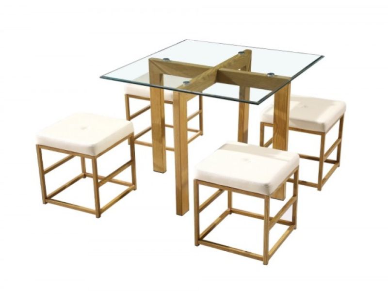 LPD Cube Glass And Metal Dining Set With Cream Seats