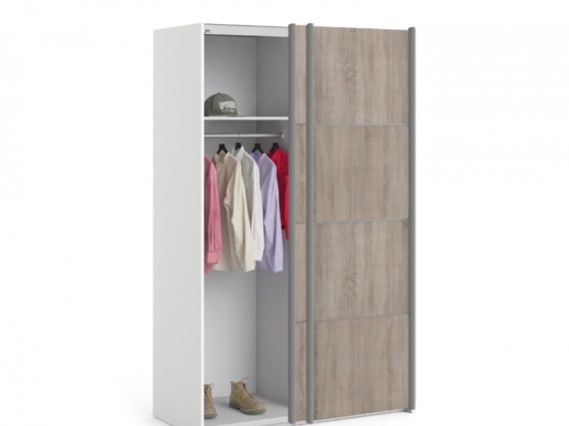 FTG Verona White And Truffle Oak Sliding Door Wardrobe (120cm 2 x Shelf)