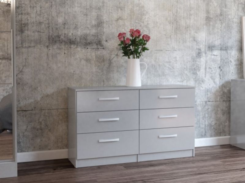 Birlea Lynx Grey Gloss 6 Drawer Wide Chest of Drawers