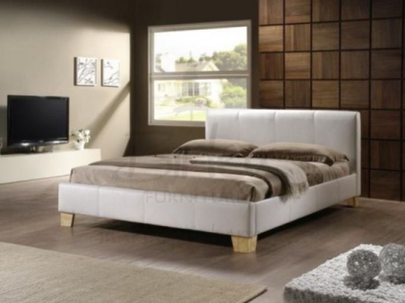 Super Kingsize Faux Leather Bed Frame, White Faux Leather Bed Frame With Storage
