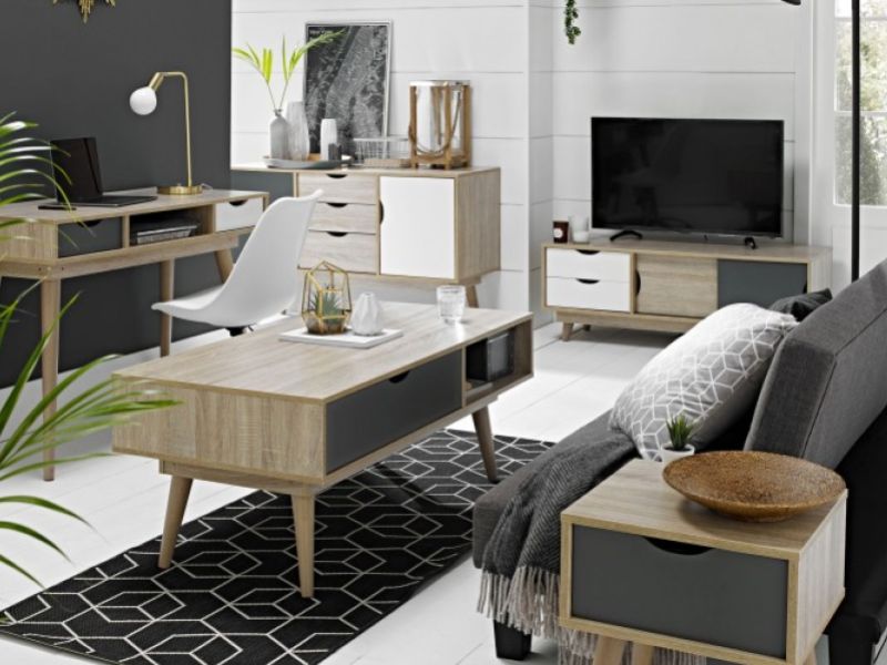 LPD Scandi TV Unit White Grey And Oak Finish