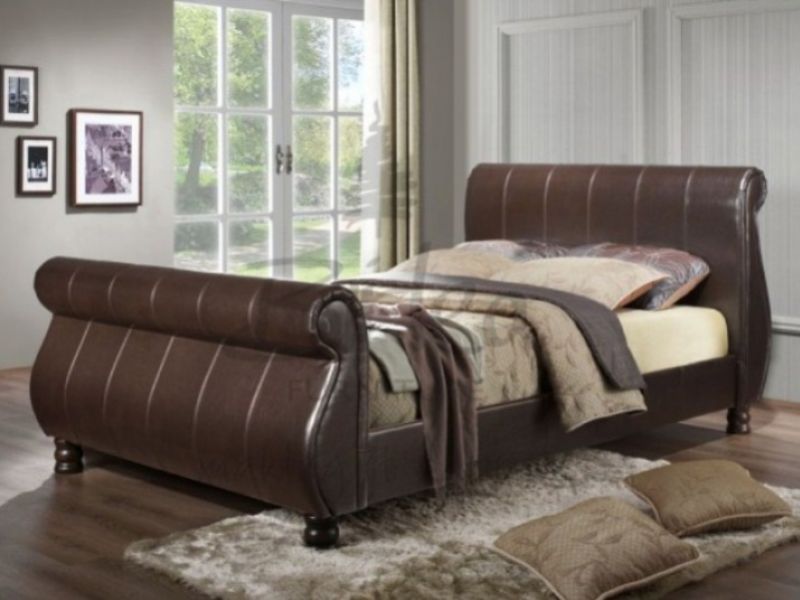 Birlea Mille 5ft Kingsize Brown, Wood And Leather Sleigh Bed King