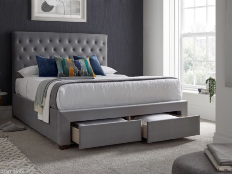 Kaydian Vindolanda 5ft Kingsize Grey Velvet Fabric Bed With Drawers