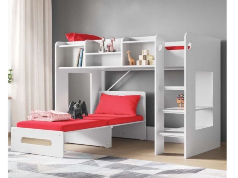 Flair Furnishings Wizard Junior White High Sleeper Bed With Red Futon