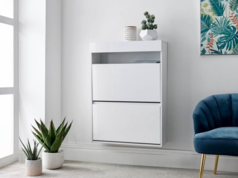 GFW Galicia White Gloss LED Wall Hanging Shoe Cabinet