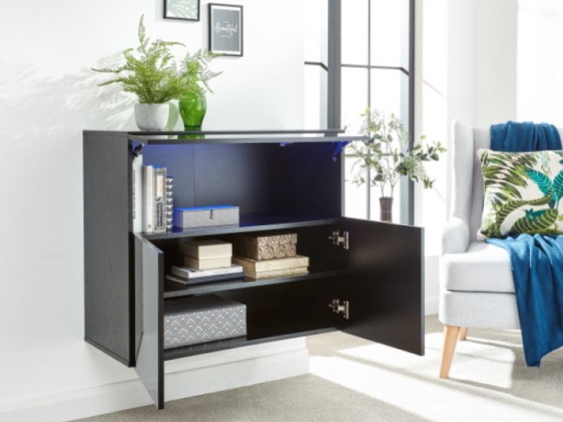 GFW Galicia Black Gloss LED Wall Hanging Sideboard