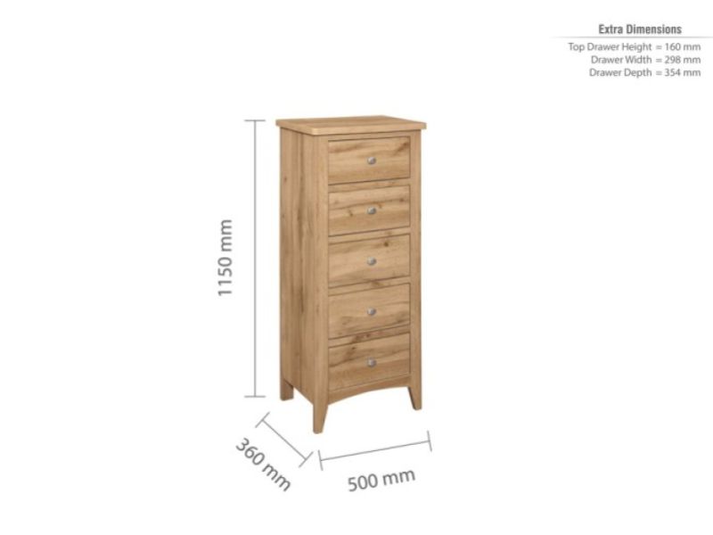 Birlea Hampstead Oak Finish 5 Drawer Tall Narrow Chest