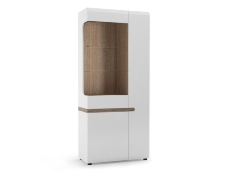 FTG Chelsea Living Tall Glazed Wide Display unit (RHD) in white with an Truffle Oak Trim