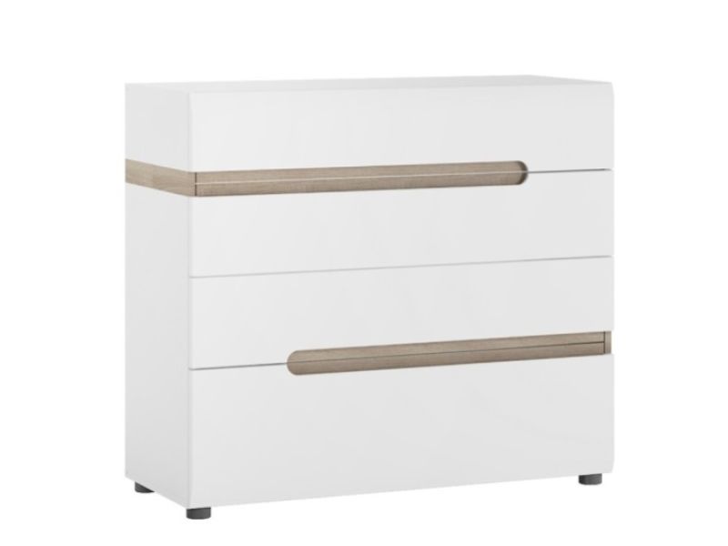 FTG Chelsea Bedroom 4 drawer Chest in white with an Truffle Oak Trim