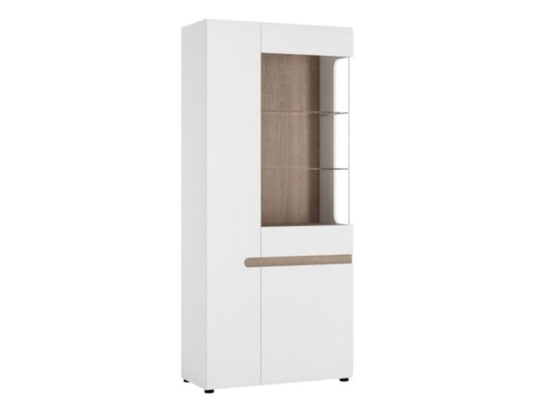 FTG Chelsea Living Tall Glazed Wide Display unit (LHD) in white with an Truffle Oak Trim