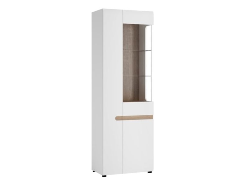 FTG Chelsea Living Tall Glazed Narrow Display unit (RHD) in white with an Truffle Oak Trim