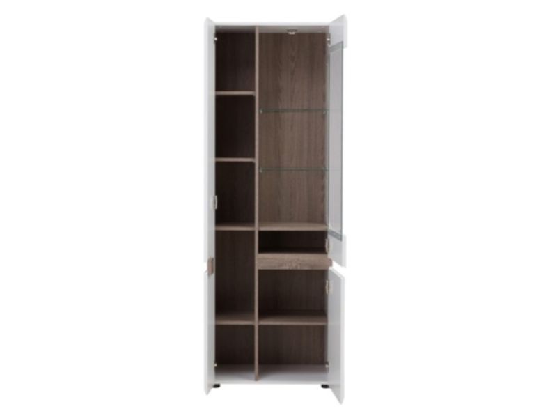 FTG Chelsea Living Tall Glazed Narrow Display unit (RHD) in white with an Truffle Oak Trim