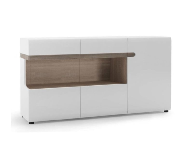 FTG Chelsea Living 3 Door Glazed Sideboard in white with an Truffle Oak Trim