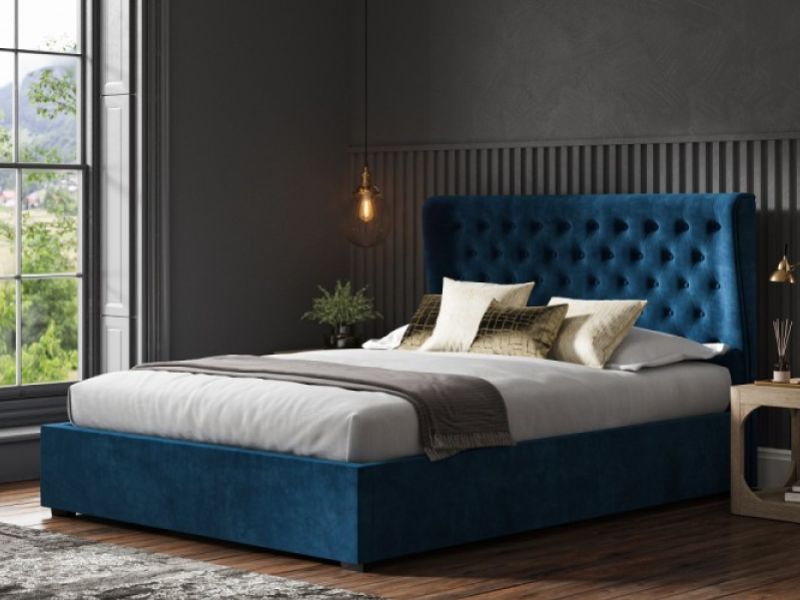 Emporia Hampstead 5ft Kingsize Blue Velvet Fabric Ottoman Bed