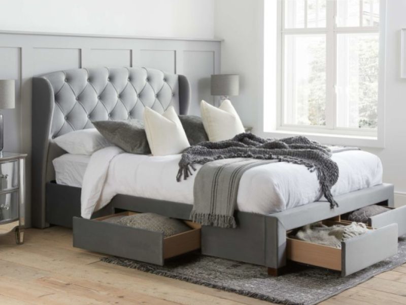 Birlea Hope 4ft6 Double Grey Velvet Fabric Bed Frame With Drawers