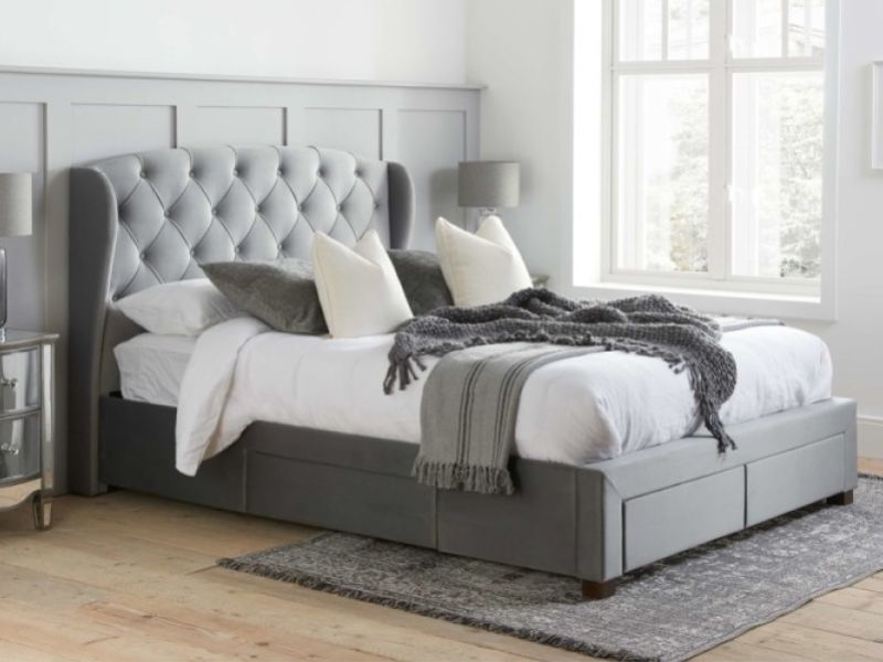 Birlea Hope 4ft6 Double Grey Velvet Fabric Bed Frame With Drawers